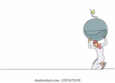 Single continuous line drawing Arab businessman carrying bomb on his back. Stressed entrepreneur due to debt explosion. World economic crisis problem. One line draw graphic design vector illustration