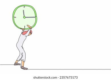 Single continuous line drawing Arab businessman carrying clock on his back. Stressed worker working under pressure to completed business project deadline. One line graphic design vector illustration