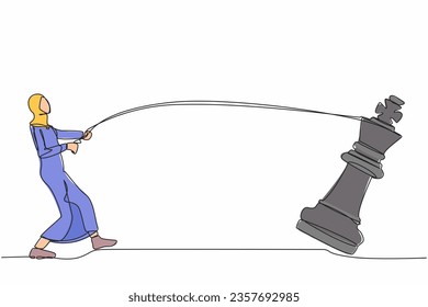 Single continuous line drawing Arab businesswoman pulling big king chess with rope. Business achievement, strategy. Competitive worker in market competition. One line draw design vector illustration