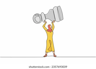 Single continuous line drawing Arab businesswoman holding or lifting pawn chess piece. Tactical advantage, successful entrepreneurship or business strategy. One line graphic design vector illustration
