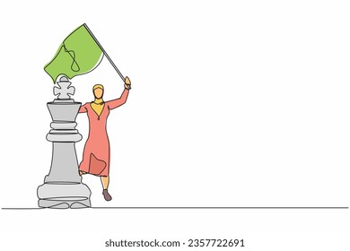Una sola línea contínua dibujando a una empresaria árabe ondeando una bandera sobre una pieza de ajedrez rey, metáfora de la competencia de la victoria. Emprendimiento exitoso, logro de objetivos. Ilustración vectorial de diseño de líneas de una línea
