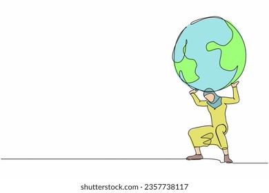 Una sola línea contínua dibujando a una empresaria árabe cargando un pesado globo en la espalda. Responsabilidad por el calentamiento global, compromiso de liderazgo mundial para cuidar nuestro planeta. Ilustración vectorial de diseño de una línea
