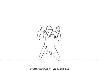 Single continuous line drawing Arab businessman kneeling like praying. Lost hope. Businesses will bankrupt if fail to get bona fide clients. Gesture of surrender. One line design vector illustration