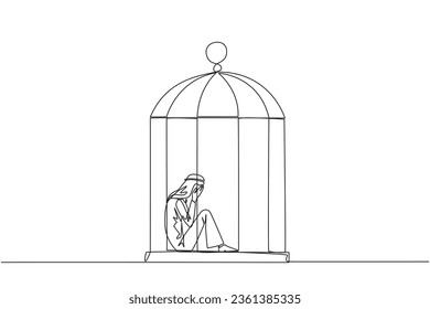 Single continuous line drawing Arab businessman trapped in the cage sitting covering face. Feel utterly defeated. Trapped in a dirty business. Mentally tired. Lost. One line design vector illustration