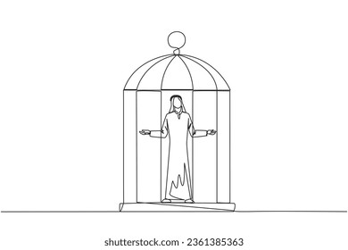Una sola línea contínua que dibuja a un empresario árabe atrapado en una jaula con los brazos abiertos. Rendirse a la situación. Obligados a permanecer en una jaula. Los negocios no están creciendo. Ilustración vectorial de diseño de una línea