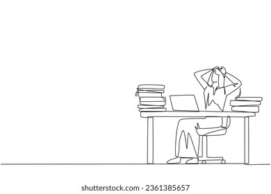 Single continuous line drawing Arab businessman sitting on office chair. Stressful to see stock price on a laptop screen that don't increase. Stressful businessman. One line design vector illustration