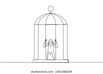 Single continuous line drawing Arab businesswoman trapped in cage kneeling holding iron bars. Framed by business partner. Have to bear all the consequences. Unfair. One line design vector illustration