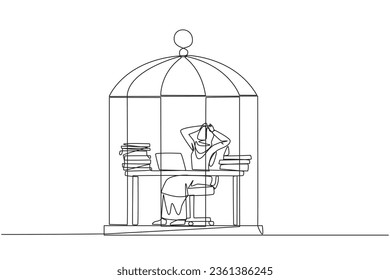 Single continuous line drawing Arab businesswoman trapped in cage sitting on office chair holding head. Being in a routine trap. Tired and irritated with the daily grind. One line vector illustration