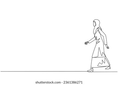 Single continuous line drawing Arab businesswoman walking to canteen to break and lunch. Taking time for a while to hone ideas back into brilliant ideas. Success. One line design vector illustration