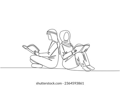 Single continuous line drawing Arab man woman sitting while reading the book. Reading the books to learn. The fast learner. Book festival concept. Happy reading. One line design vector illustration