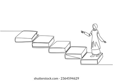Single continuous line drawing Arab woman climb stairs from books. Reading increases knowledge which can increase the dignity of better life. Book festival concept. One line design vector illustration