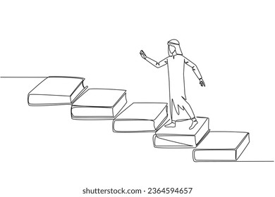 Single continuous line drawing Arab man climb stairs from books. Reading increases knowledge which can increase the dignity of a better life. Book festival concept. One line design vector illustration