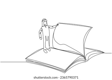 Single continuous line drawing Arab man standing over open ledger turning the pages. Read slowly to understand the contents of each page. Reading increases insight. One line design vector illustration