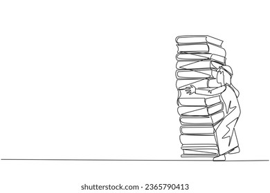 Single continuous line drawing Arab man hugging a very high pile of books. Hobby to collecting and reading books. Filling free time with useful things. Loving read. One line design vector illustration