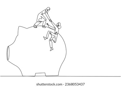 Single continuous line drawing Arab businesswoman helps colleague climb piggy bank. Remind each other in kindness. Investment for the future. Super great teamwork. One line design vector illustration