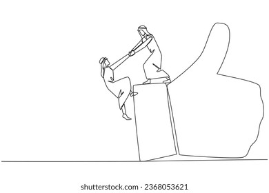 Single continuous line drawing Arab businessman helps colleague climb big finger gesture thumbs up. Working together towards success. Positive vibes. Cohesiveness. One line design vector illustration