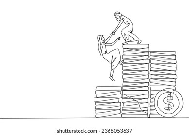 Una línea contínua dibujando a un empresario árabe ayuda a sus colegas a escalar una pila de monedas. Las metáforas ayudan a lograr objetivos financieros antes de comenzar la jubilación. Trabajo en equipo. Ilustración vectorial de diseño de una línea