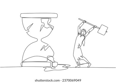 Single continuous line drawing Arab businessman preparing to hit the big hourglass. Remove reminders. Work without rules. Undisciplined. Detrimental to the company. One line design vector illustration