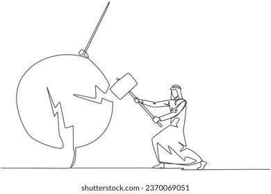 Single continuous line drawing Arab businessman preparing to hit big swinging pendulum. Metaphor eliminate business distraction. Number one to be a business keeper. One line design vector illustration