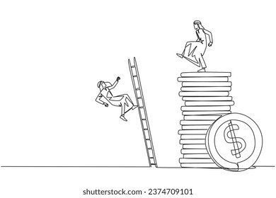 Single continuous line drawing Arab businessman kicks opponent who climbs a pile of coins with a ladder. Greed for wealth. Forgetting comrades in arms. The traitor. One line design vector illustration