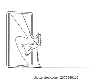 Single continuous line drawing Arab businessman climbs smartphone with rope. Improve business relationships. Massively contact old friends. Connected to each other. One line design vector illustration