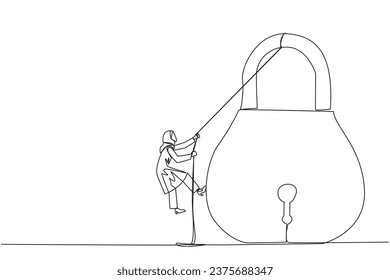 Single continuous line drawing Arab businesswoman climbs padlock with rope. Do the best to privatize business. Sole owner. The result of smart hard work. Work hard. One line design vector illustration