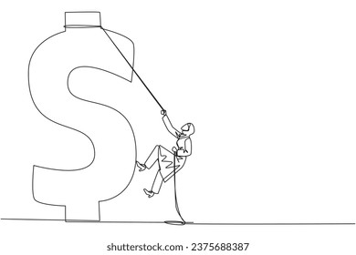 Single continuous line drawing Arab businesswoman climbs dollar symbol with rope. Looking for extra money because of high needs. Smart work combined with hard work. One line design vector illustration