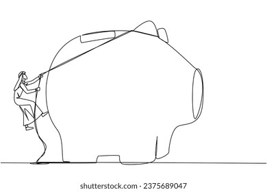 Single continuous line drawing Arab businessman climbing piggy bank with rope. Entrepreneur working hard to make investments preparing for retirement. Smart worker. One line design vector illustration