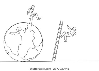 Single continuous line drawing Arab businesswoman kicks opponent who climbing the globe with a ladder. Failed to be on top of the world. Dropped by business friend. One line design vector illustration