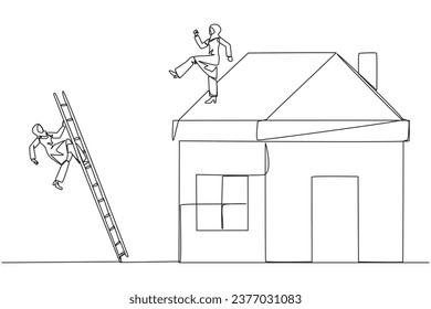 Single continuous line drawing Arab businesswoman kicks rival who climbs miniature house with stairs. Metaphor of fraud committed by house developers. Bad business. One line design vector illustration