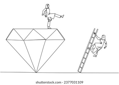 Single continuous line drawing Arab businesswoman kicks rival who climbs the diamond with a ladder. Knocking rival down from achieving a glorious position together. One line design vector illustration
