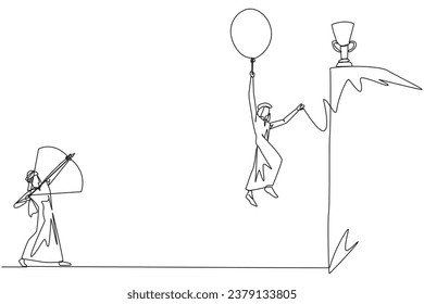 Single continuous line drawing Arab businessman wants to achieve prizes at the peak of the career. Getting resistance from all directions. Painful failure. Traitor. One line design vector illustration