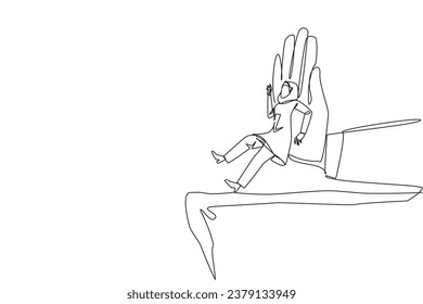 Single continuous line drawing Arab businesswoman standing on edge of cliff. Something big wants to bring down the business. Invisible enemy. Bring down competitor. One line design vector illustration