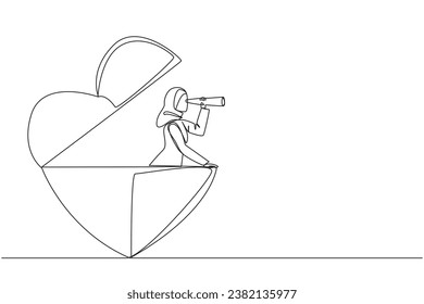 Single continuous line drawing Arab businesswoman emerges from heart shape look for something with binoculars. Success in business because of support from family. One line design vector illustration