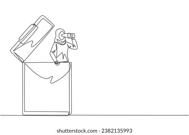 Single continuous line drawing Arab businesswoman emerges from clipboard look for something with binoculars. Looks for best example to completed business report. One line design vector illustration