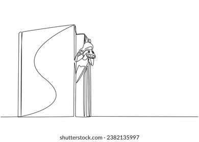 Single continuous line drawing Arab businesswoman appears out of old book look for something with binocular. Equating people's stories with history written in book. One line design vector illustration