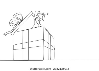 Single continuous line drawing Arab businesswoman emerges from gift box look for something with binocular. Looks other opportunities to turn it into profitable business. One line vector illustration