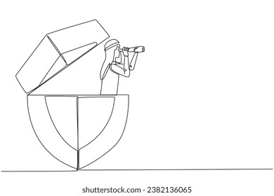 Single continuous line drawing Arab businessman emerges from shield look for something with binoculars. Look for most effective way to ward off cyber crime attacks. One line design vector illustration