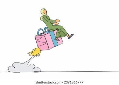 Single continuous line drawing Arab businesswoman riding gift box rocket flying in the sky. Package cardboard box with attached rockets. Big box with booster. One line draw design vector illustration