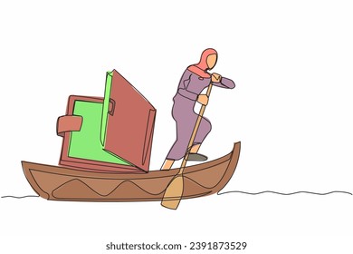 Single continuous line drawing Arab businesswoman standing in boat and sailing with open wallet. Saving purse budget. Sailing championship recognition award. One line draw design vector illustration