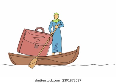 Single continuous line drawing Arab businesswoman standing in boat and sailing with briefcase. Success male manager on summer vacation. Escape from routine. One line graphic design vector illustration