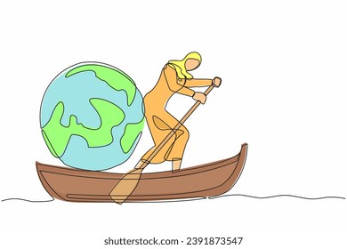 Single continuous line drawing Arab businesswoman standing in boat and sailing with globe. Taking trip around the world by ship. Tourism or travelling. One line draw graphic design vector illustration