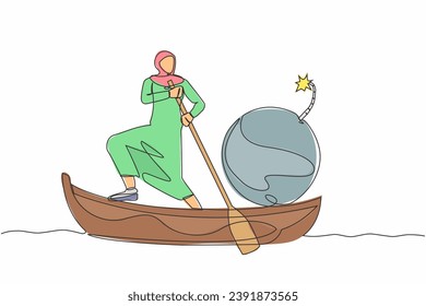 Single continuous line drawing Arab businesswoman standing in boat, sailing with bomb. Manager carry dangerous risks for company. Economic collapse due to crisis. One line design vector illustration