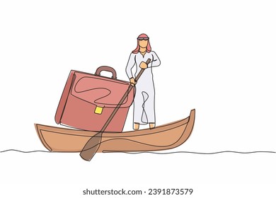 Single continuous line drawing Arab businessman sailing away on boat with briefcase. Employees planning for summer vacation. Take break from busy office tasks. One line draw design vector illustration