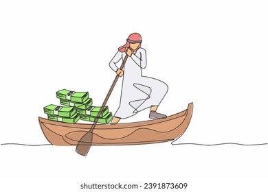 Single continuous line drawing Arab businessman sailing away on boat with pile of banknote. Escape with money. Financial crime, tax evasion, money laundering. One line draw design vector illustration