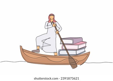 Single continuous line drawing Arab businessman sailing away on boat with pile of books. Intellectual progress by getting used to reading book. Education concept. One line design vector illustration