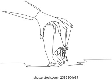 Single continuous line drawing Arab businessman kneels, entire body bound by ropes controlled by giant hand. Frustration. Business is increasingly losing money. One line design vector illustration