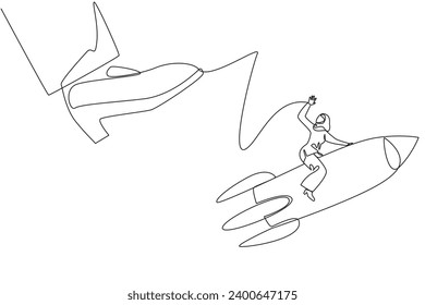 Single continuous line drawing Arab businesswoman riding rocket flies away from giant foot. Preparation opening new business when big obstacles stand in the way. One line design vector illustration