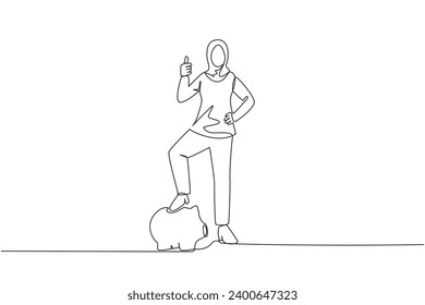 Single continuous line drawing Arab businesswoman with thumbs up pose and steps on piggy bank. Invitation to insure assets in the form of investments. Better life. One line design vector illustration