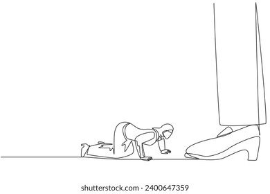 Single continuous line drawing Arab businesswoman kneels and licks giant foot. Be obedient as part of the struggle. Determined to benefit the business. Submissive. One line design vector illustration